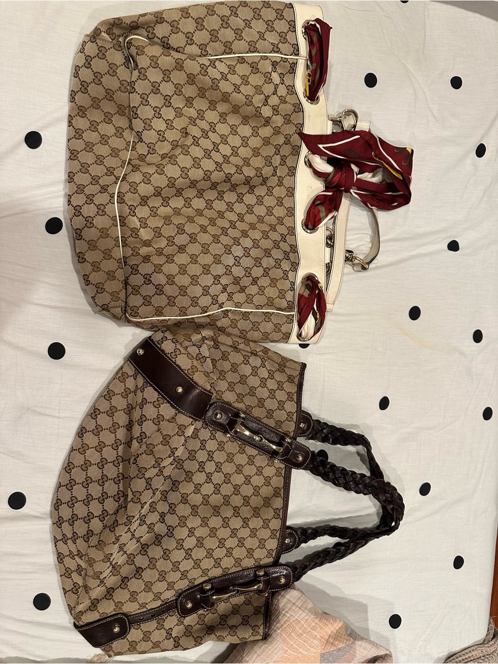 Authentic Gucci Beige Monogram Totes Duo with Brown Trim and Red Scarf Accent